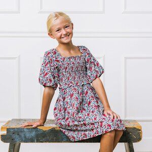 Hope & Henry Girls Dress NWT Red Floral Smocked Puff Sleeve Sz 12 Organic Cotton